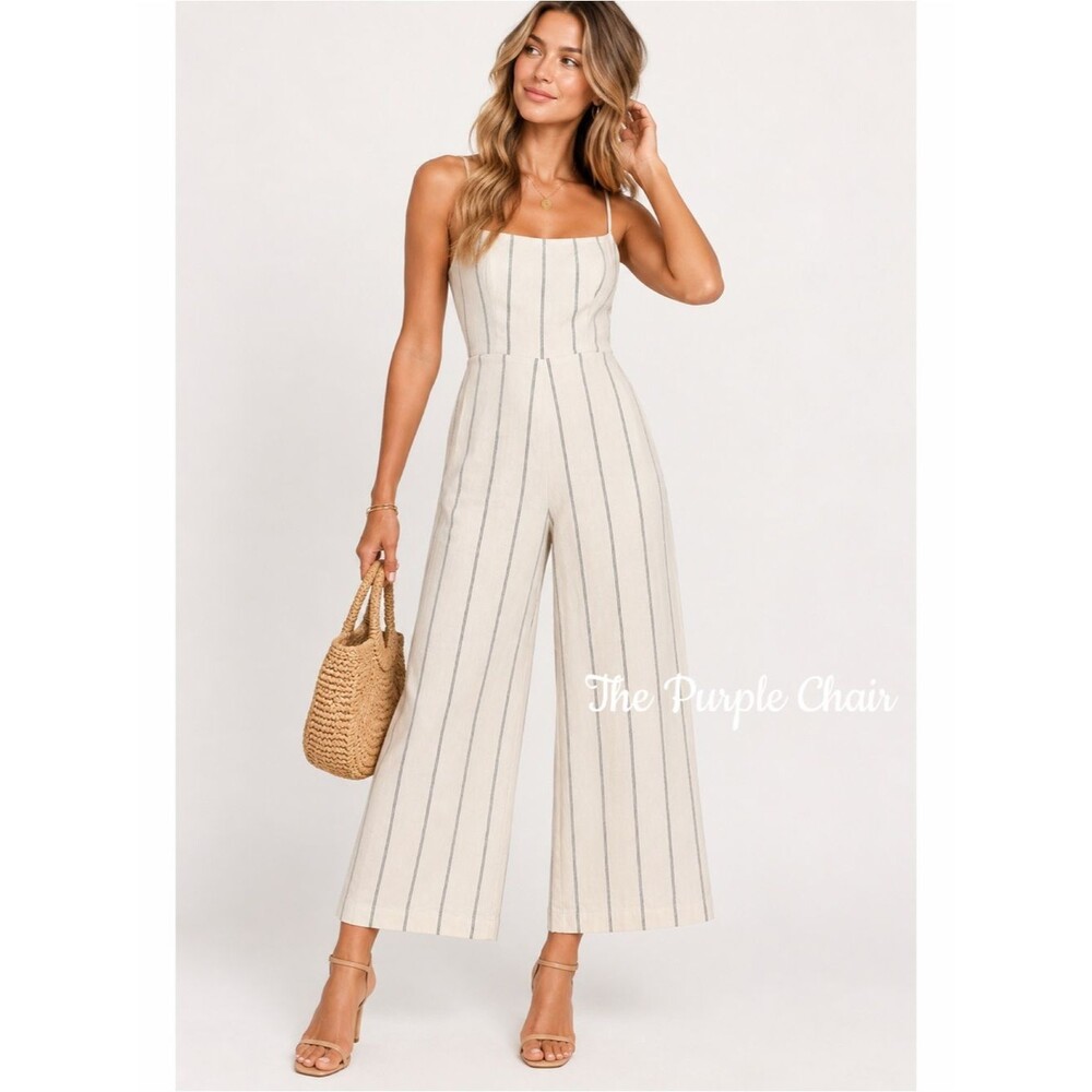 REFORMATION Sleeveless Striped Smocked Back Cropped Linen Jumpsuit 6